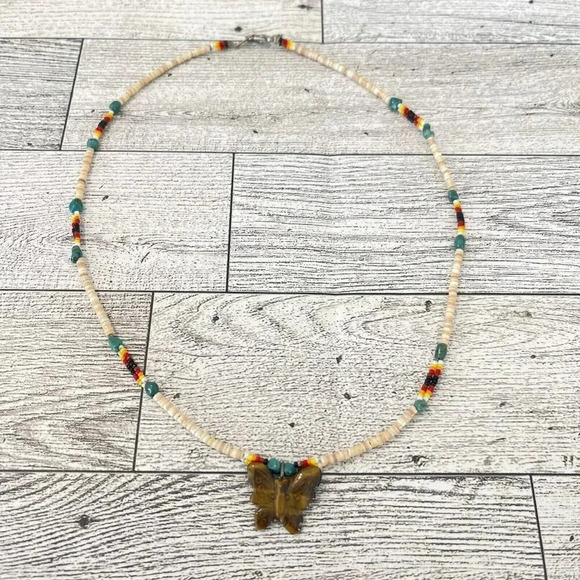 Boho Beaded Necklace Shell Turquoise Heishi Bead Tigers Eye W/ Butterfly Pendant - Picture 1 of 8